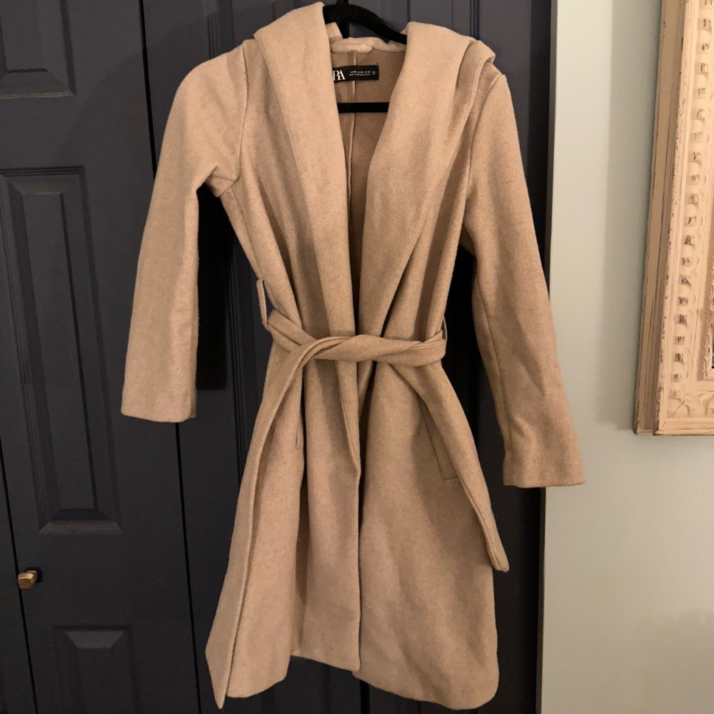 Zara belted hooded wool coat